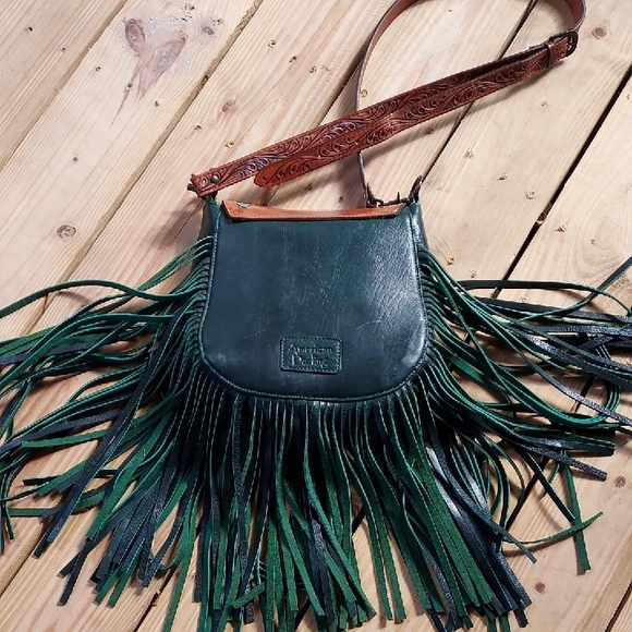 Hand Crafted Brown and Green Fringed Crossbody Bag - Picture 2 of 9